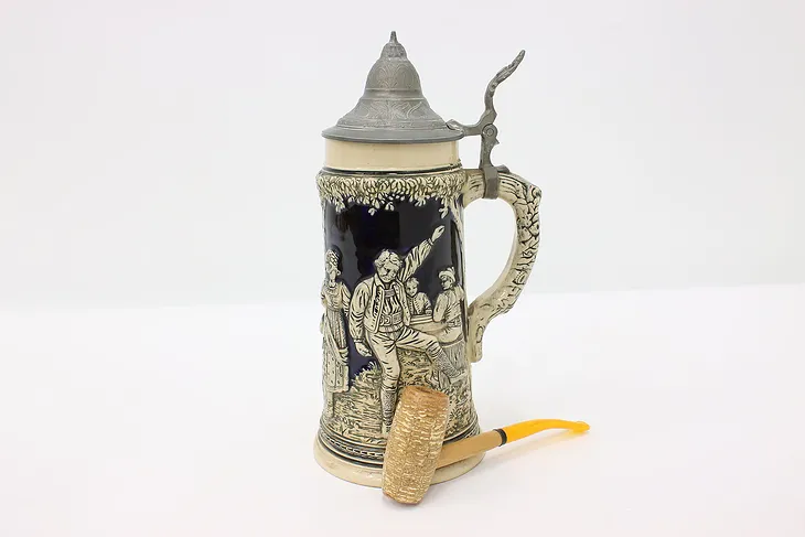 German Antique Stein or Mug Hand Painted Cobalt Pewter Lid #44555