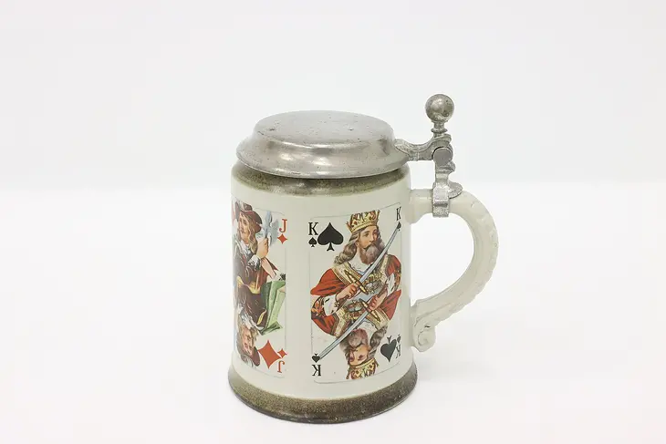German Antique Stein or Beer Mug, Card Suits, Pewter Lid #44496