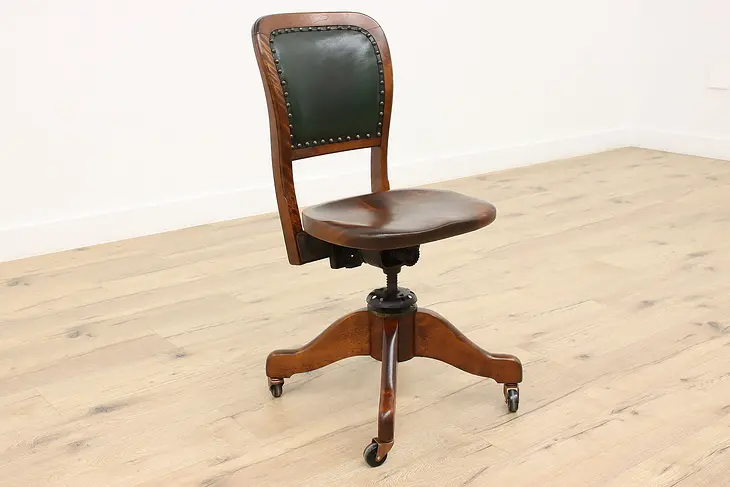 Traditional Birch Antique Adjustable Swivel Office Desk Chair, Leather #44516