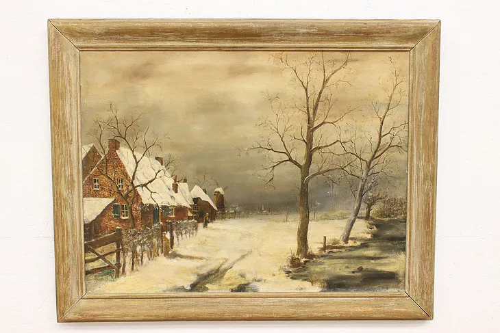Snowy Farm Dutch Original Vintage Oil Painting by Kees Van Berk 36" #44650