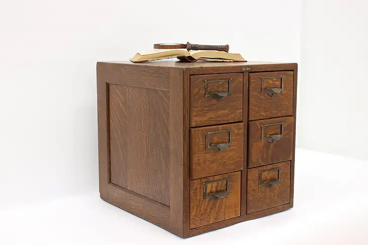 Oak Antique 6 Drawer Desktop Office 4x6 Card File, Globe #44098