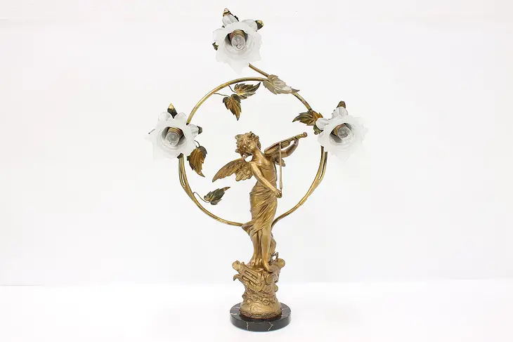 Art Nouveau Antique Angel Playing Violin Newel Post Lamp, Marble Base #44652