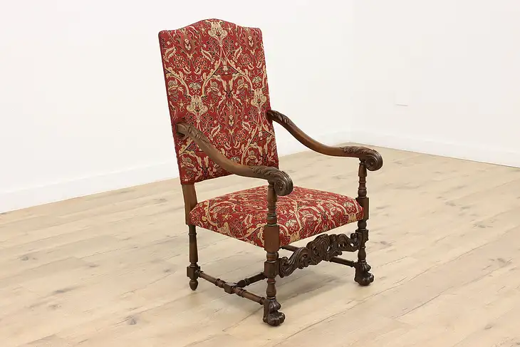 Throne or Hall Chair, Hand Carved Italian Antique, New Upholstery  #44593