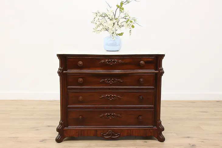 Victorian Antique Carved Rosewood Dresser Hall or Linen Chest, Marble Top #44900