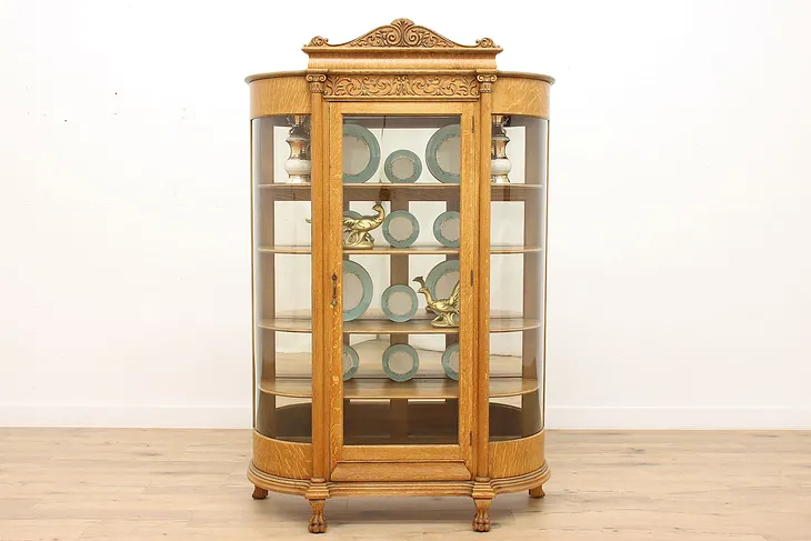 Victorian Antique Curved Glass Oak China Curio Display Cabinet, Paw Feet #44970