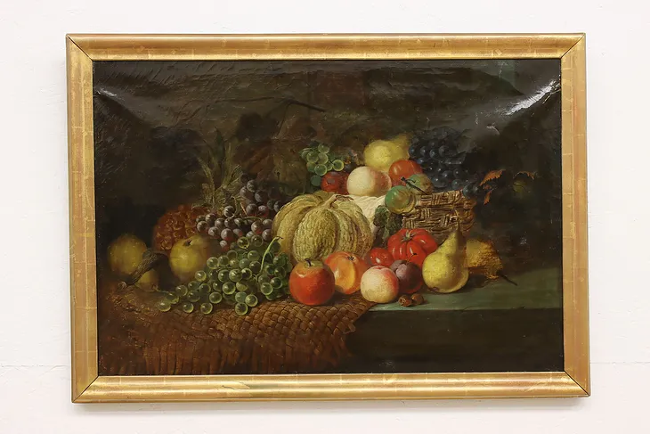Still Life Fruits Antique 1869 Original Oil Painting H.H 37.5" #44086