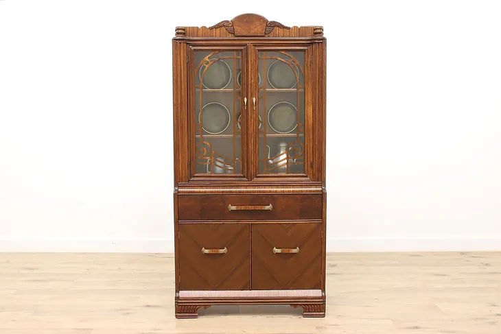 Art Deco Vintage Walnut Burl China Display, Curio Cabinet,or Bookcase #44606