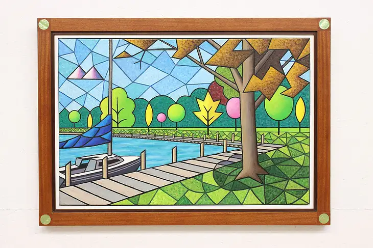 Neenah WI Park & Boat Vintage Original Acrylic Painting, Bodden 35" #44620