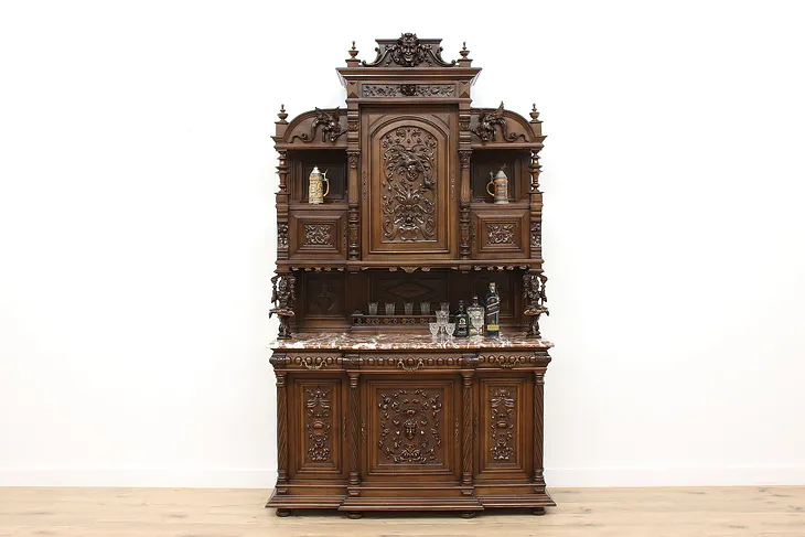 Renaissance Antique Walnut Backbar, Server, China Cabinet, Carved Jesters #41707