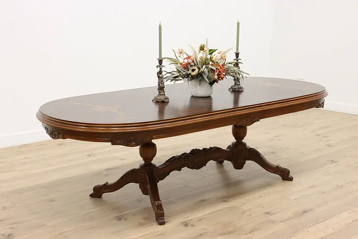 Carved Walnut & Marquetry Antique Dining, Library or Conference Table #34975