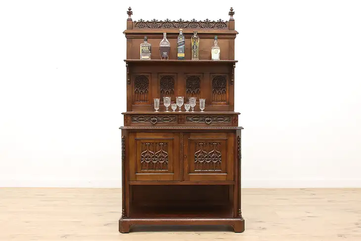 Gothic Design Antique Carved Oak Backbar, Bar Cabinet, or Server #40262