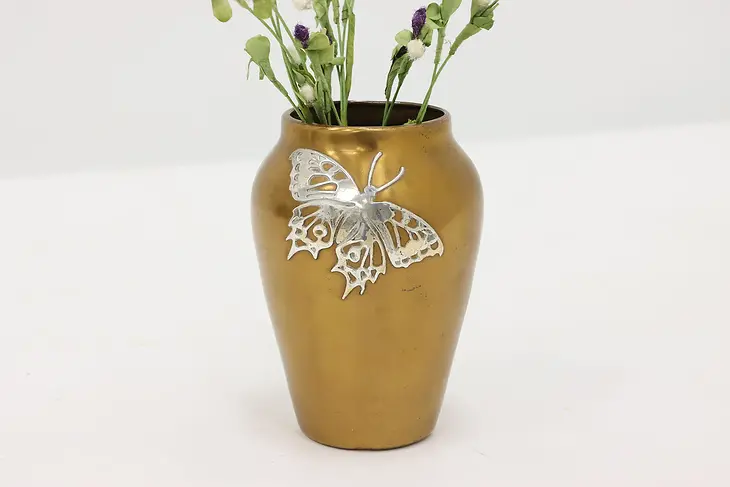 Arts & Crafts Antique Bronze & Silver Craftsman Butterfly Vase, Heintz #44226