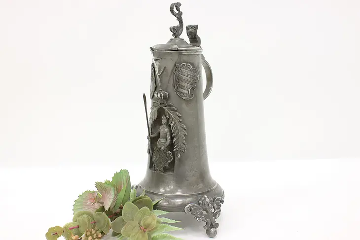 Victorian Antique German Pewter Stein or Mug Knight Sculpture Dolphin Lid #44961