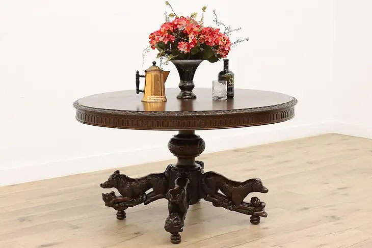 Black Forest Antique Oak Dining, Hall or Breakfast Table, Hunt Sculptures #44336