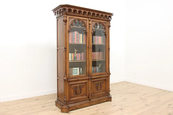 French Gothic Carved Walnut Antique Office or Library Bookcase #40246