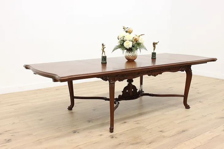 French Design Antique Carved 9' 8 " Walnut Dining Table, 4 Leaves in Case #35582