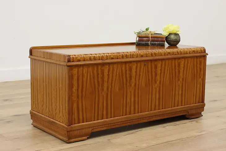 Art Deco Waterfall Vintage Satinwood Cedar Trunk or Blanket Chest, Roos #44816