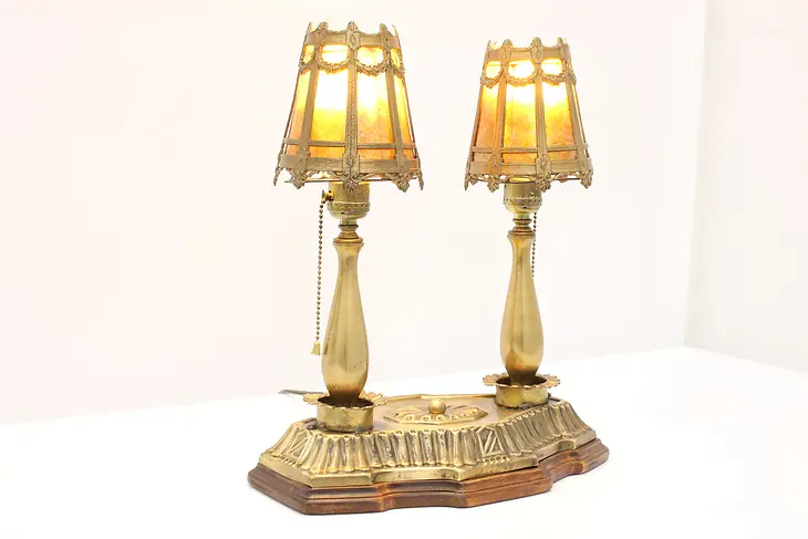 Classical Antique Brass Double Desk Lamp, Mica Shades #42016