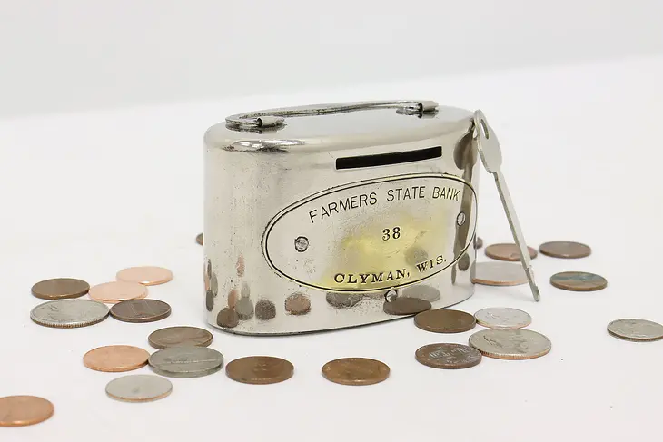 Nickel & Brass Antique Oval Farmers State Bank Coin Bank Clyman WI #44828