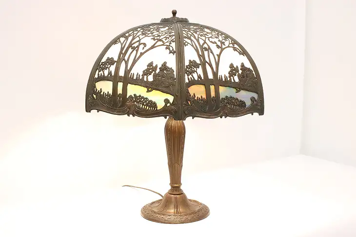 Stained Glass Curved 6 Panel Shade Antique Lamp, Lake & House Filigree #44290