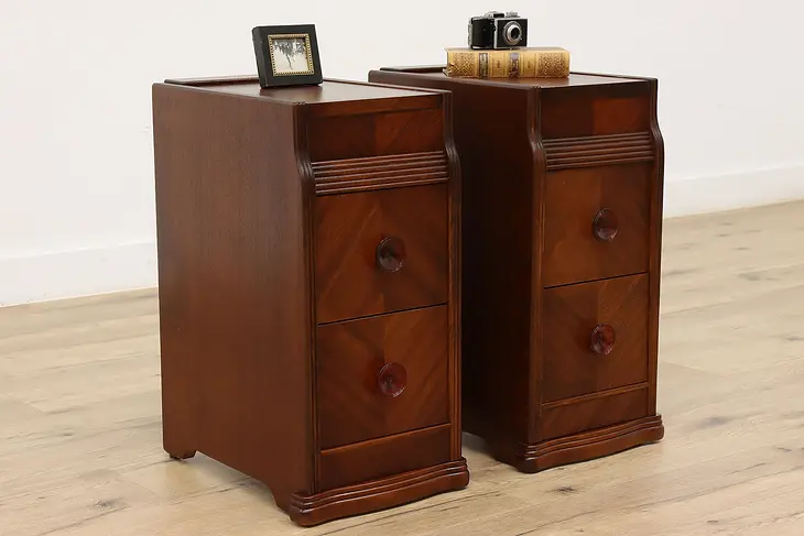 Pair of Art Deco Vintage Mahogany Nightstands, End or Side Tables #43305