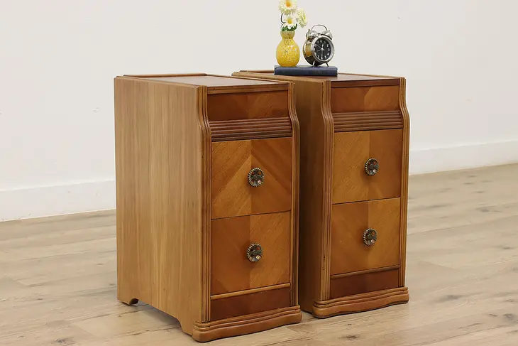 Pair of Art Deco Vintage Mahogany & Cherry Nightstands, End, Side Tables #44845