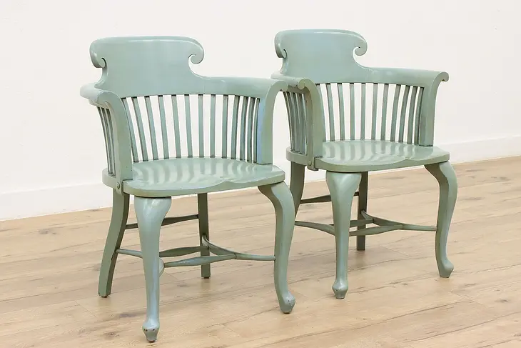 Pair of Vintage Teal Painted Office or Library Desk Chairs #45024
