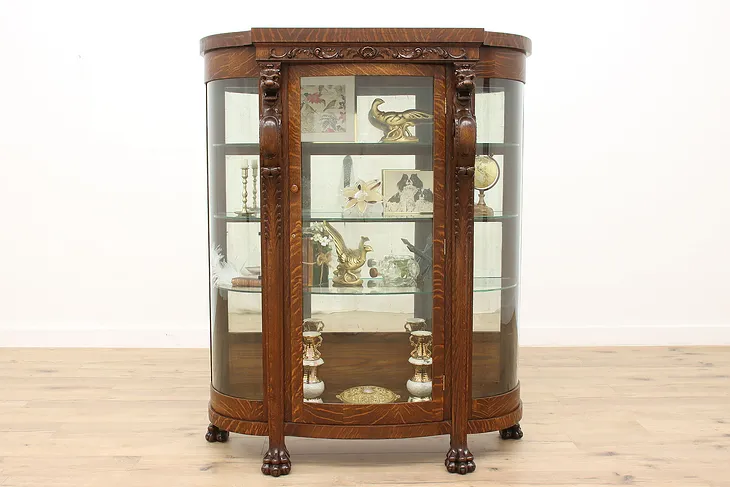 Victorian Antique Oak Curved Glass China Curio Cabinet, Carved Lions #36260