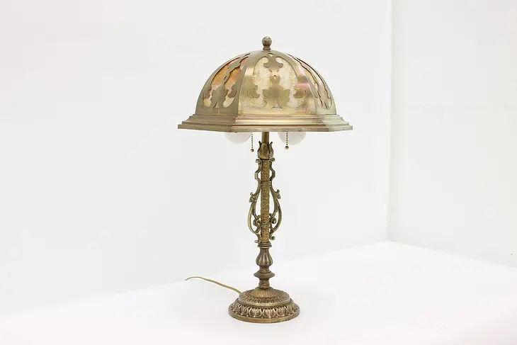 Stained Glass & Brass Dome Antique Office or Library Desk Lamp #44885