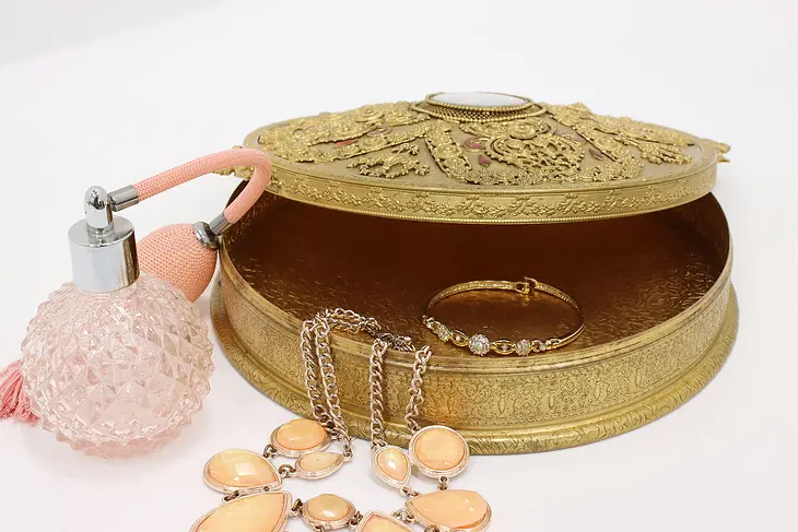 Victorian Antique Gold Plate & Enamel Jewelry or Keepsake Box, Empire Art #44817