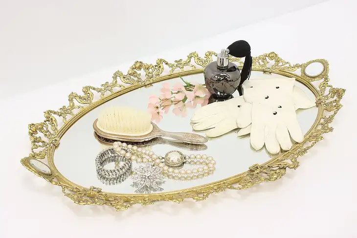 Victorian Style Gold Plated Filigree Boudoir Jewelry Mirror Tray, Cherubs #44824