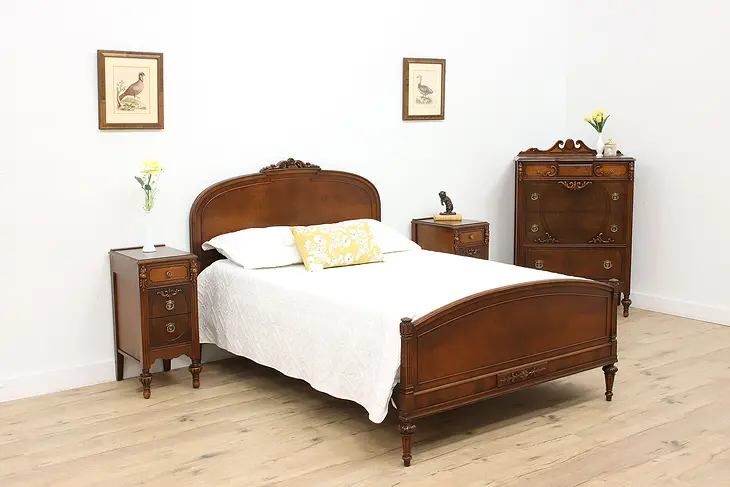 French Design Antique Walnut 4 Pc Bedroom Set, Full Size Bed #35248