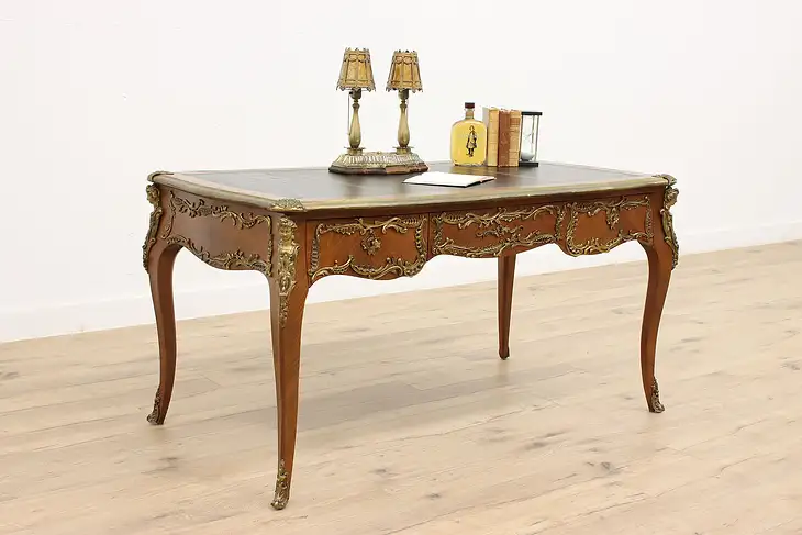 French Louis XIV Design Vintage Bureau Plat Office Desk, Brass Mounts #44809