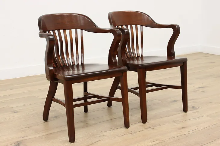 Pair of Traditional Vintage Walnut Office, Banker, Library or Desk Chairs #44076