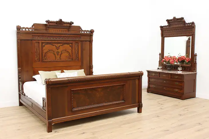 Victorian Eastlake Antique Walnut & Marble 2 Pc Bedroom Set King Size Bed #43652