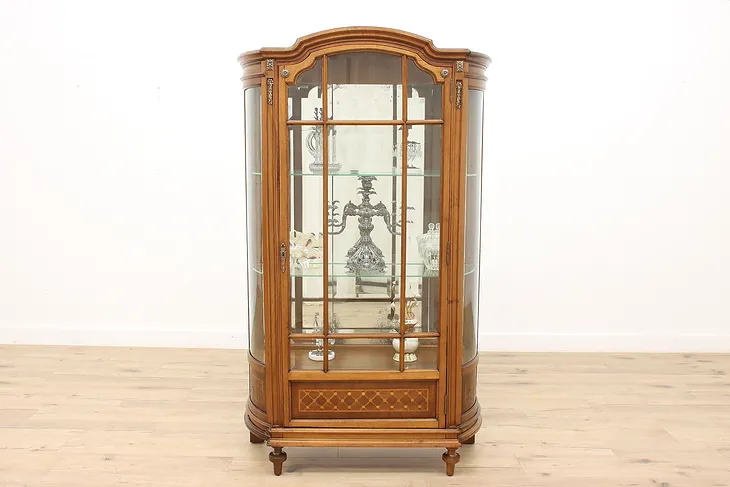 Italian Antique Carved Mahogany & Marquetry Curio Display Cabinet #43588
