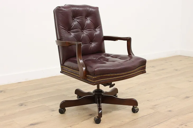 Traditional Vintage Tufted Leather Swivel Adjustable Desk Chair, Century #43863