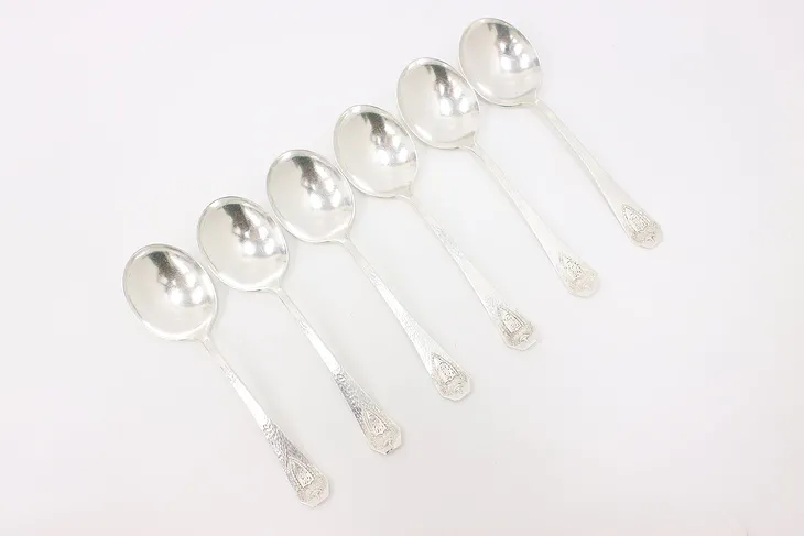 Set of 6 Antique Hammered Silverplate Cream Soup Spoons, Rodgers #44985