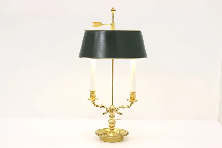 Tole Shade Vintage Brass Office or Library Desk Lamp, Swan Heads #44887