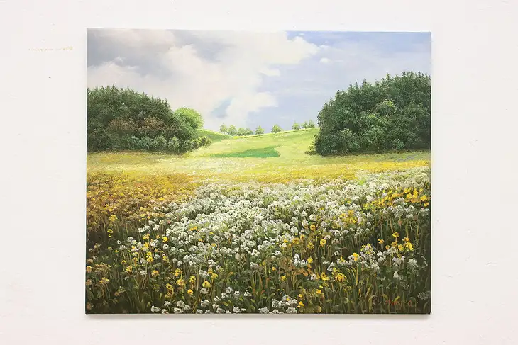 Daisy Flower Field Vintage Original Oil Painting, Ming Q 24.5" #45130