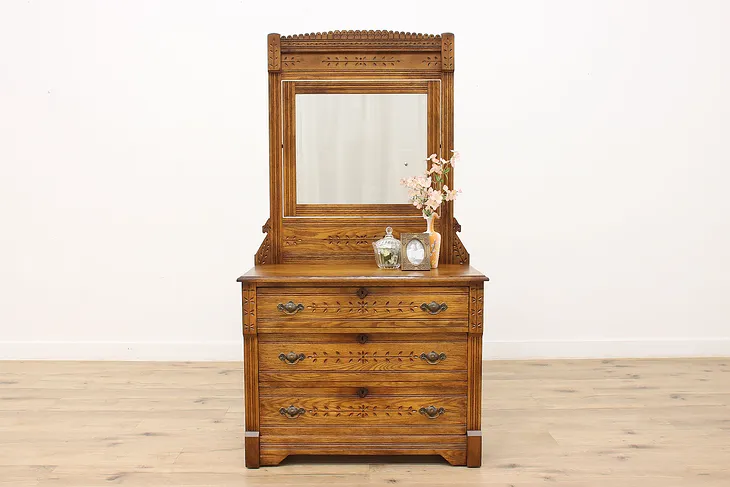 Victorian Eastlake Antique Spoon Carved Ash Chest or Dresser with Mirror #45088