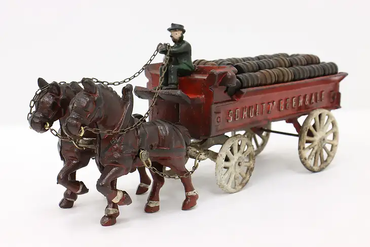 Cast Iron Painted Vintage Schultz Beer & Ale Wagon, Horses & Barrels #44956