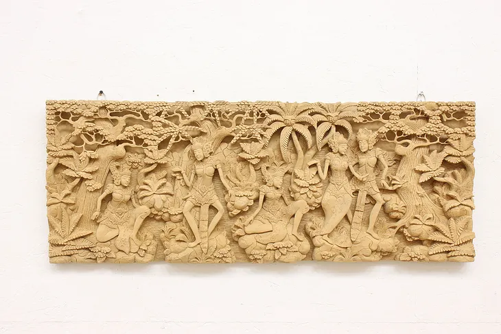 Southeast Asian Antique Cambodian Hand Carved Wood Temple Panel with Gods #44922