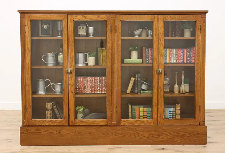 Arts & Crafts Antique Oak Schoolhouse Bookcase, 4 Glass Doors #38519
