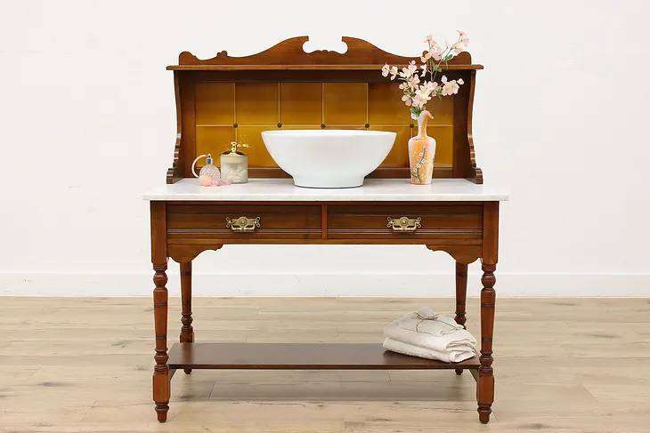 English Antique Victorian Marble Top & Tile Sink Vanity Washstand, Server #33901
