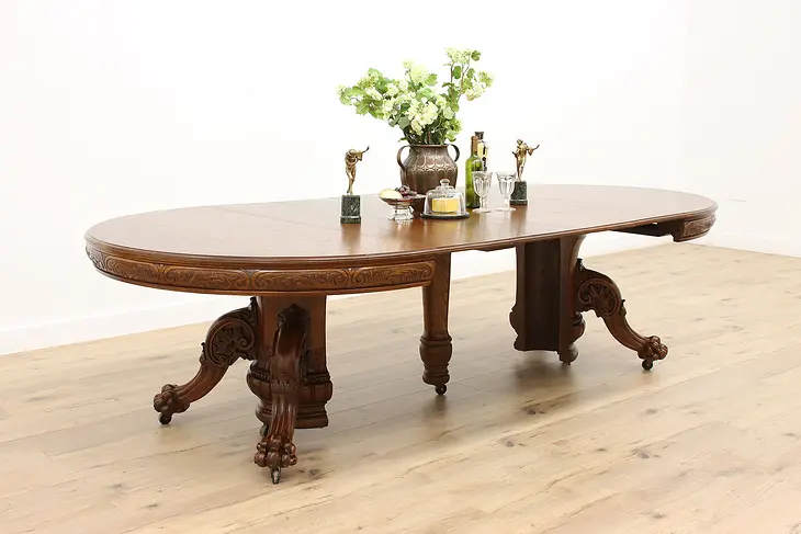 Victorian Antique 5' Round Oak Dining Table, Paw Feet, Extends almost 14' #38121