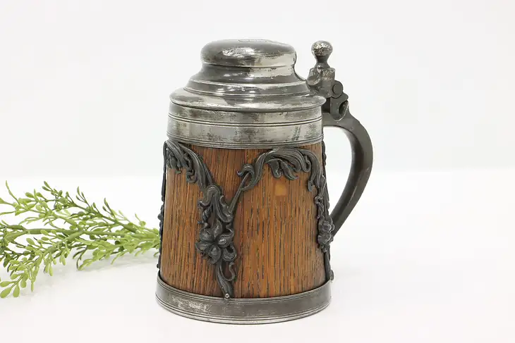 Farmhouse Antique Silverplate & Oak Beer Stein, Lid, St. Louis Silver #44239