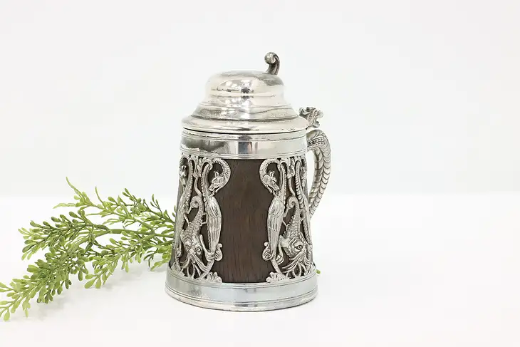 Farmhouse Antique Silverplate & Oak Beer Stein, Dragons, St. Louis Silver #44241