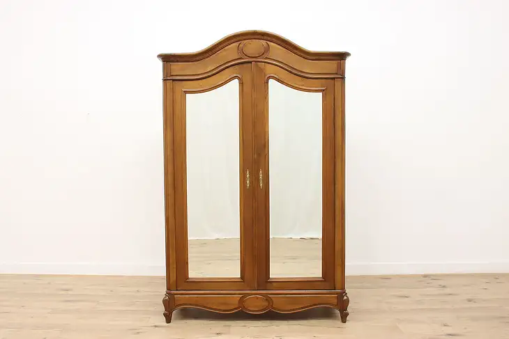 French Antique Walnut Armoire, Wardrobe, or Closet, Beveled Mirror Doors #34993