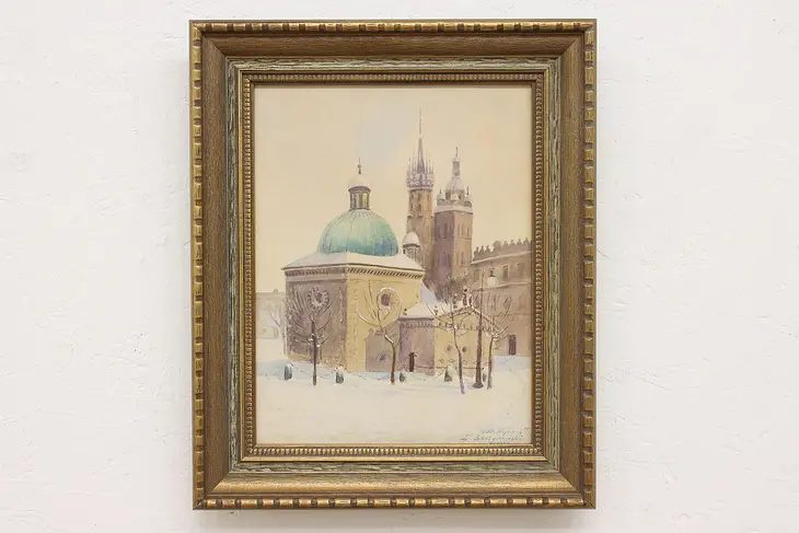 St. Adalbert Church in Krakow Poland Antique Original Oil Painting 18" #44999